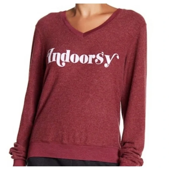 New Soft Wildfox Burgundy “Indoorsy” V-Neck Sweater Jumper M - Picture 2 of 8